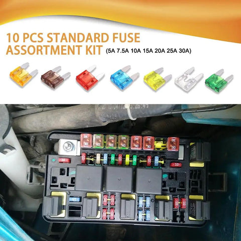Heavy Duty Car Fuse Assortment Kit With 5A Through 30A Auto Blade Fuses For Rv And Truck Electrical Boxes, includes various colored fuses.