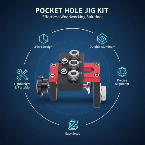 3 In 1 Aluminum Pocket Hole Jig Kit With Dowel Guide For 8mm 10mm And 15mm Drill Openings, Adjustable Depth And Alignment Scale