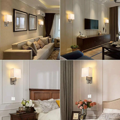 Bedside Wall Mount Lamp With Dimmer Switch And Dual USB Ports, Linen Fabric Shade Wall Sconce With Plug In Cord In Satin Nickel Finish