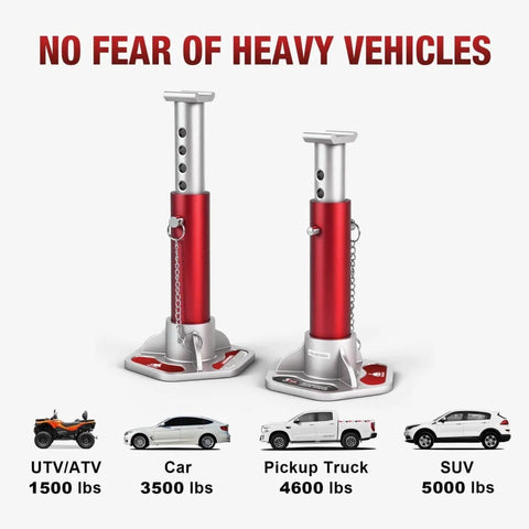 3 Ton Aluminum Jack Stands With Locking Pins, lightweight and portable, displayed with vehicle weight support for maintenance.