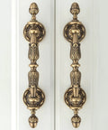 Five Pack Antique Brass Cabinet Handles With 3.4 Inch Hole Centers (107 Mm) Old School Vintage Drawer Pulls, detailed close-up.