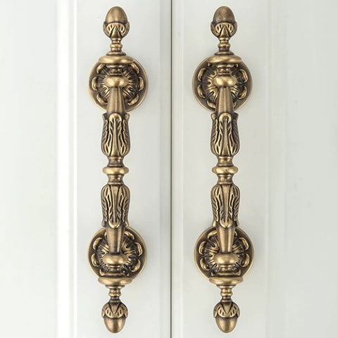Five Pack Antique Brass Cabinet Handles With 3.4 Inch Hole Centers (107 Mm) Old School Vintage Drawer Pulls, detailed close-up.
