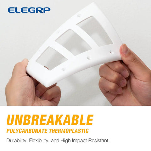 Hands bending a Three-Gang Decorative Wall Plates Pack Of Five Unbreakable Thermoplastic Faceplates glossy white