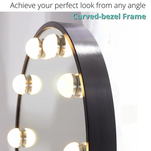 Curved-bezel frame of Hollywood Style Vanity Mirror With Lights 12 LED Makeup Mirror Smart Touch Control Dimmable 3 Color Modes 90 Degree Rotatable White Frame Ideal For Flawless Skin Prep And Day To Night Glam.