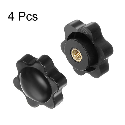 Star Knobs M4 Female Thread 25mm Head Plastic Non-Through Hole Brass Insert Screw-In Clamping Hand Knobs 4 Pack 12mm Thick Black