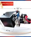 Compact 12V Hydraulic Power Unit With 0.8 kW Dual Acting Pump For Car Lifts And Dump Trailers, side view with specifications