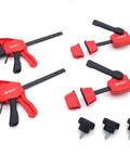 Hella Tight 12 Piece MFT Table Clamp Kit For Workbenches Featuring 4 Inch Vertical And Horizontal Clamps With 20mm Dog Holes Bench Dogs And Locking Knobs For Straight Up Reliable Shop Work on a white background.