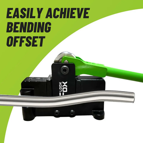 Conduit Offset Bender For One Half Inch EMT Conduit With Adjustable Offset Up To Nine Sixteenth Inch Bends, green handle in use