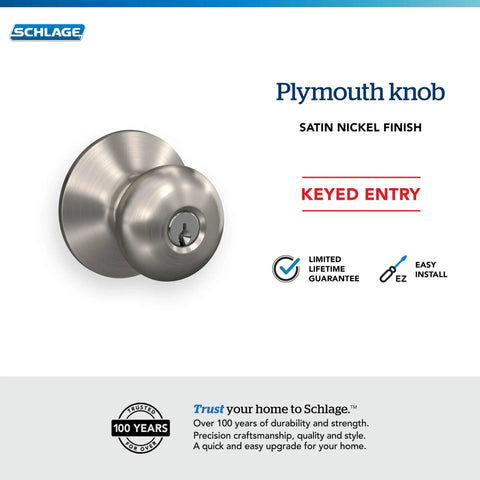 F51A Plymouth Door Knob With Keyed Entry Lock in Satin Nickel Finish, front view showing lock details and finish texture.
