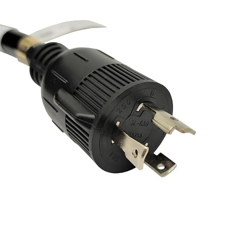 Close-up of NEMA L6-30 Locking Extension Cord 30 Amp 250V Outdoor 36 Foot Beefy 10 AWG 3 Conductor Cable Plug