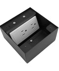 Heavy Duty Pop Up Floor Power Outlet Featuring Double Three Prong Sockets And Brushed Silver Stainless Steel Housing showing inside view with dual outlets.