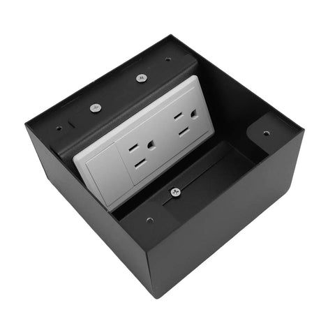 Heavy Duty Pop Up Floor Power Outlet Featuring Double Three Prong Sockets And Brushed Silver Stainless Steel Housing showing inside view with dual outlets.