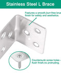 16 Pack Stainless Steel Corner Braces 1.5 By 1.2 By 1.2 Heavy Duty L Brackets showing smooth brushed finish and countersunk screw holes.