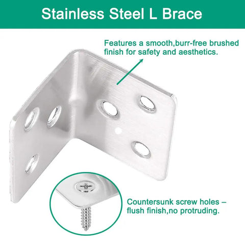 16 Pack Stainless Steel Corner Braces 1.5 By 1.2 By 1.2 Heavy Duty L Brackets showing smooth brushed finish and countersunk screw holes.