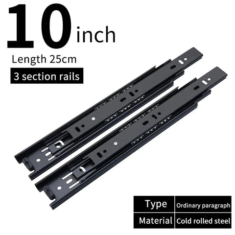 Full Extension Drawer Slides 45mm Soft Close Runners 3 Fold Side Mount For Easy Tool Free Install With Detachable Quick Release Latches Fully Extendable For Maximum Access And Storage Fits Normal 10 Inch Drawers 25 Cm black steel slides