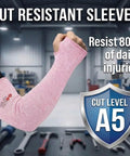 Heavy Duty Cut Resistant Arm Sleeves With Thumb Holes For Mechanics And Glass Handling Shielding Delicate Skin Straight Up Like Body Armor In Pink Pair shown on arm resisting injuries.