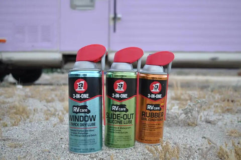 All In One RV Care 4 Pack Slide Out Silicone Lube Window And Track Dry Lube Rubber Seal Conditioner And Trailer Hitch Gel Lube For Smoother Slides Sealed Doors And Hitch Protection On The Road, 3 RV cans