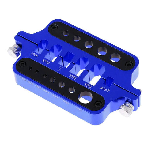 Heavy Duty Aluminum Soldering Jig Block For No Sweat XT60 XT90 T Plug And Bullet Connector Soldering Heat Resistant multi-size fixture in blue.