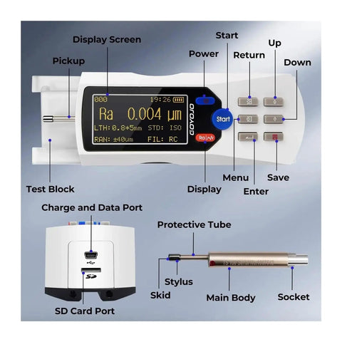 Heavy Duty Digital Surface Roughness Tester Featuring Bright Lcd Screen And Super Comfortable Handheld Grip For Dead On Industrial Inspection Work TR200 Black Portable showing layout of controls and ports.