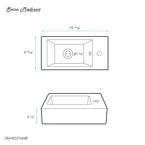 19.5 By 10 Inch Rectangular Ceramic Wall-Hung Sink With Right-Side Faucet Mount Matte Black Finish technical drawing with dimensions