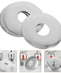 Pro Grade Ten Piece Fire Sprinkler Escutcheon Covers Dual Disc Stainless Steel Wall Mount Shields seen at an angle on a white surface.