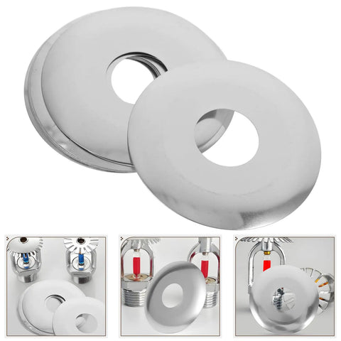 Pro Grade Ten Piece Fire Sprinkler Escutcheon Covers Dual Disc Stainless Steel Wall Mount Shields seen at an angle on a white surface.