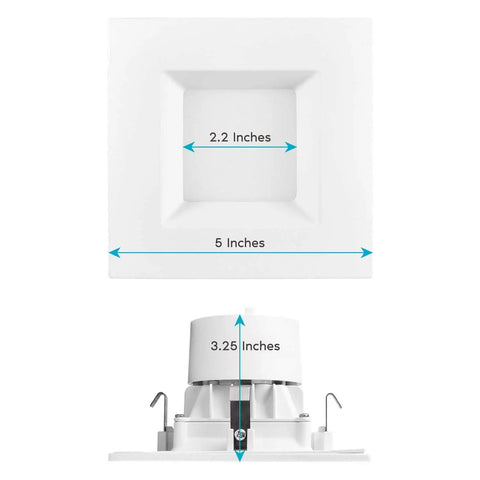 Square Recessed LED Can Lights With Five CCT Color Temperature Options 2700K 3000K 3500K 4000K 5000K Dimmable 750 Lumens CRI 90 Energy Star Wet Rated 4 Pack Great For Kitchens And Bathrooms showing dimensions of 5x2.2 inches front and 3.25 inches side