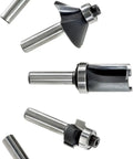 Premium 8mm Shank Router Bit Set Featuring Ten Hella Sharp Carbide Cutters And Smooth Riding Ball Bearing Guides For Zero Vibration Routing. Five router bits displayed from different angles, showing carbide tips.