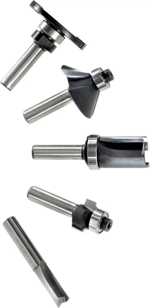 Premium 8mm Shank Router Bit Set Featuring Ten Hella Sharp Carbide Cutters And Smooth Riding Ball Bearing Guides For Zero Vibration Routing. Five router bits displayed from different angles, showing carbide tips.