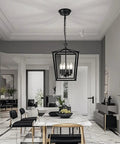 Square Metal Farmhouse Pendant Light Chandelier For Kitchen Island And Foyer in dining room setting, black lantern design