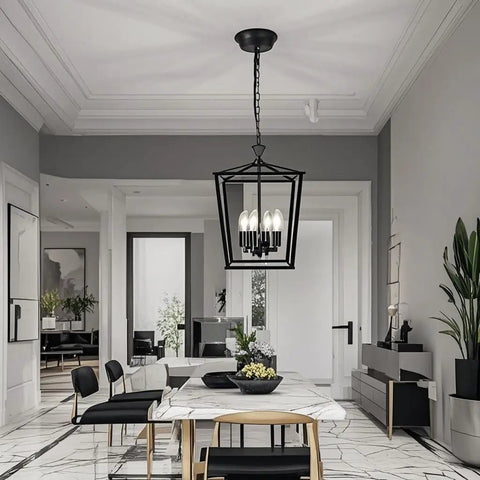 Square Metal Farmhouse Pendant Light Chandelier For Kitchen Island And Foyer in dining room setting, black lantern design