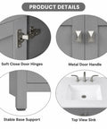 Product details of Rock Solid 96 Inch Bathroom Vanity With Double Sink And Pure White Quartz Countertop including soft close hinges and sink.