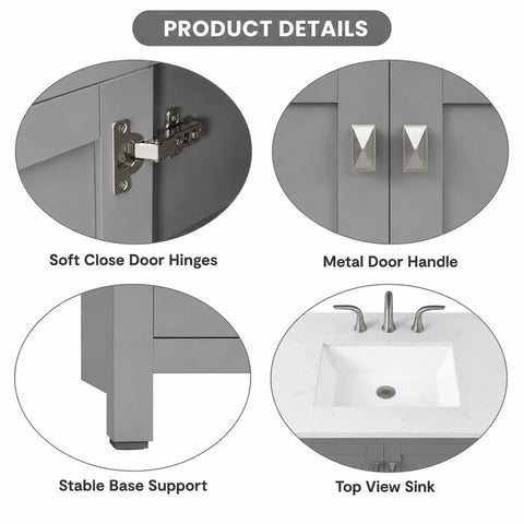 Product details of Rock Solid 96 Inch Bathroom Vanity With Double Sink And Pure White Quartz Countertop including soft close hinges and sink.