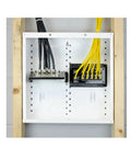 14 Inch Structured Wiring Enclosure With Hinged Door For Home Networks And Security Systems Huge Wire Openings And Extra Knockouts Glossy White EN1450 with installed cables and connectors