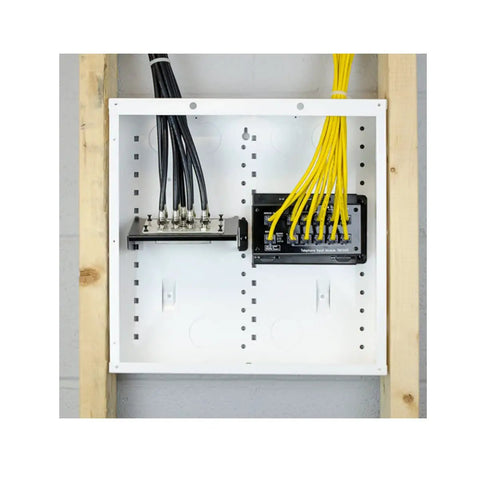 14 Inch Structured Wiring Enclosure With Hinged Door For Home Networks And Security Systems Huge Wire Openings And Extra Knockouts Glossy White EN1450 with installed cables and connectors