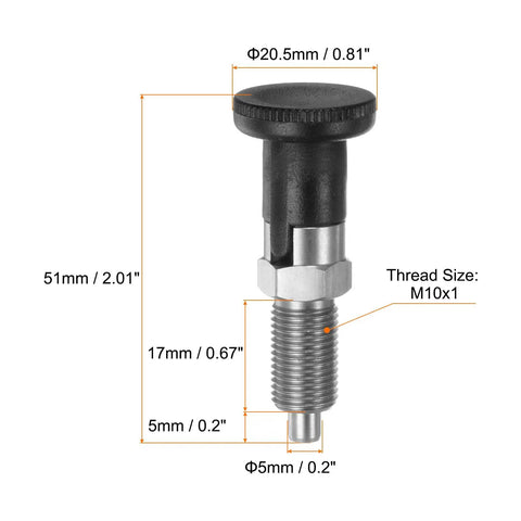Kickass Stainless Steel Push Fit Ball Nose Spring Plunger M10x1 Thread With Slick 5mm Pin Diameter And Relentless Self Locking Design, side view with measurements.