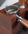 Slick Wooden Coffee Knock Box With A Solid Built In Tamping Station And Smart Hidden Compartment For Zero Hassle Daily Espresso Cleanup On Your Kitchen Counter, showing portafilter holder.
