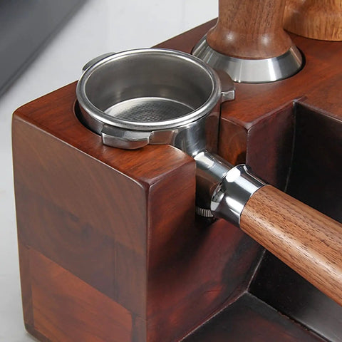 Slick Wooden Coffee Knock Box With A Solid Built In Tamping Station And Smart Hidden Compartment For Zero Hassle Daily Espresso Cleanup On Your Kitchen Counter, showing portafilter holder.