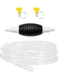 No Drama Manual Liquid Siphon Pump With Long Hose And Tough Clamps Portable Hand Squeeze Gasoline And Oil Transfer Tool components including bulb and clear hose.