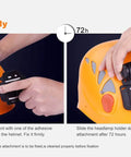Installation process of ALG-03 Headlamp Helmet Mount With EdisonBright Battery Case on an orange helmet.