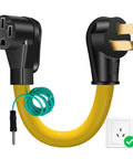 Plug And Go Nema 10-50P To 14-50R EV Charger Adapter Cord With Ground Wire, 50 Amp Three Prong 6AWG 240V Heavy Duty Level 2 Charging Cable For Tesla And All Electric Cars 12 Inch, yellow cable with connectors.