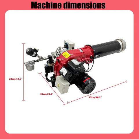 Heavy Duty Waste Oil Heater Furnace Burner With Air Atomizing Tech And Quick Temperature Tweaks For Running Smooth On Vegetable Fuel At 220 Volts Zero Trouble Setup dimensions showing height 32cm, width 55cm, length 97cm.