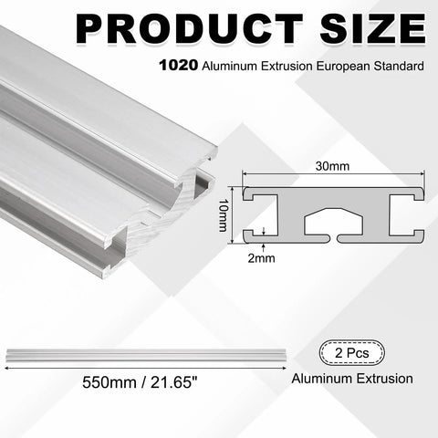 Two Pack European 550mm Aluminum Extrusion Profile 30x10mm Anodized Linear Rail For 3D Printer And CNC Machine Projects Heavy Duty 6063 Alloy Precision Guide Rails Silver Smooth Sliding Fit with dimensions and profile illustration