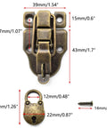 Retro Bronze Old School Duckbilled Toggle Hasp Latch and Antique Padlock Kit with dimensions marked for cabinets and boxes
