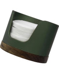 Slick Swivel Coffee Filter Paper Holder And Brewing Tool Caddy in dark green wood and metal, storing round filter papers.