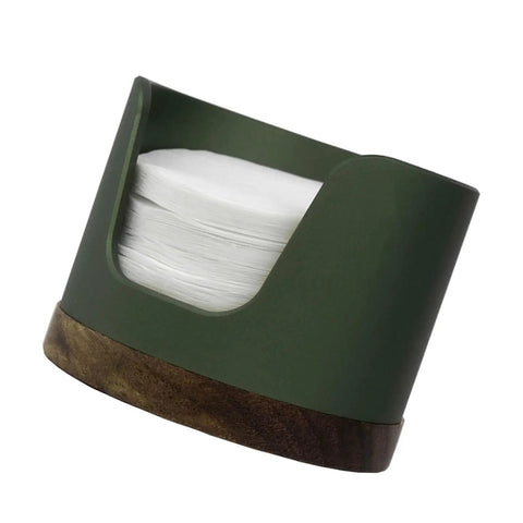 Slick Swivel Coffee Filter Paper Holder And Brewing Tool Caddy in dark green wood and metal, storing round filter papers.