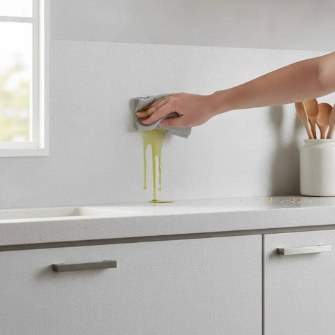 Cleaning grease from peel and stick self adhesive wallpaper roll subtle gray linen texture waterproof vinyl in a kitchen setting.