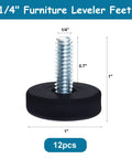 Twelve Pack Adjustable Furniture Leveling Feet With One Quarter Inch Twenty Thread crushes wobbly tables and uneven floors, 1 inch in diameter.