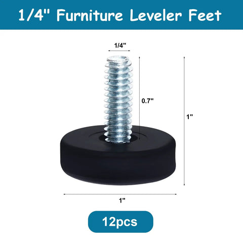 Twelve Pack Adjustable Furniture Leveling Feet With One Quarter Inch Twenty Thread crushes wobbly tables and uneven floors, 1 inch in diameter.