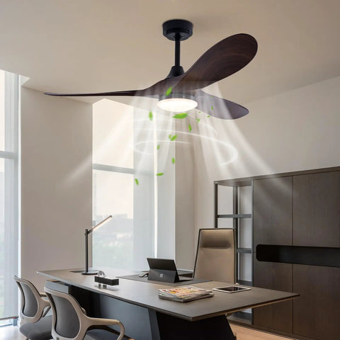 Ceiling Fan with Light, 48W Integrated Lighting, Silent Operation 35dB in modern office setting, showcasing wooden blades and integrated light